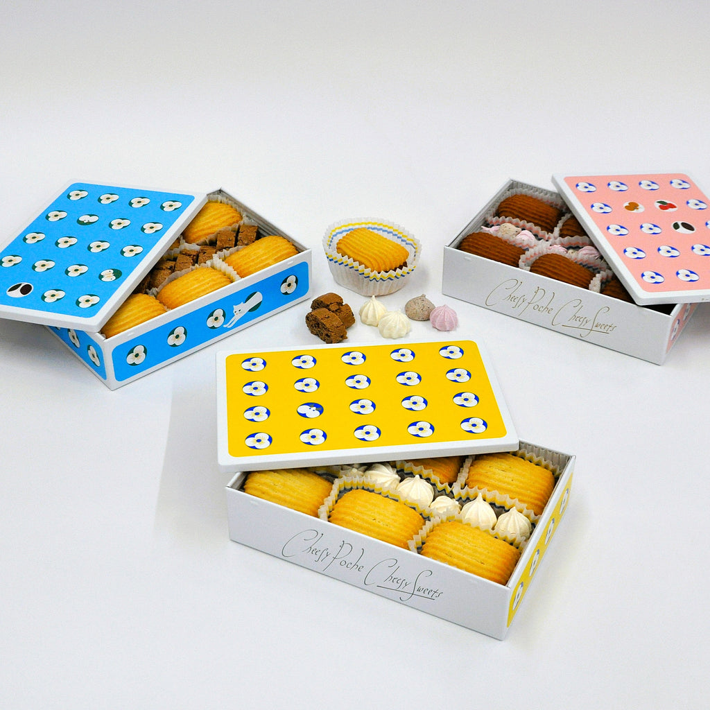 「3色のショコラ缶セット」【黄色缶】「CheesyPoche レモンハーモニー・ショコラ」【空色缶】「ショコラカントゥッチーニ缶」【コゲカン】「Cheesy Pocheショコラ＆ラズベリーメレンゲ」